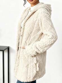 Textured Fuzzy Hooded Cardigan - Button-Up Cozy Winter Coat, Multicolor Soft Fall Outerwear For WomenD18-2 - trắng - Xem 4