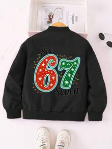 Tween Boys Versatile Numeric Print Jacket, Personalized 67 Pattern, Fashion Casual Outerwear Essential For Autumn/Winter, Suitable For Tween Boy - Black - View 1