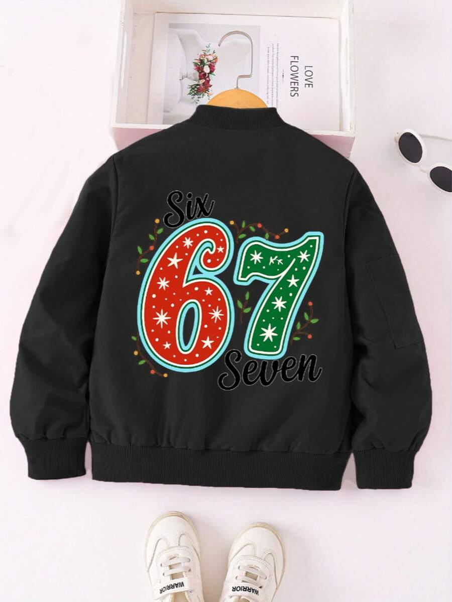 Tween Boys Versatile Numeric Print Jacket, Personalized 67 Pattern, Fashion Casual Outerwear Essential For Autumn/Winter, Suitable For Tween Boy - Black - View 1