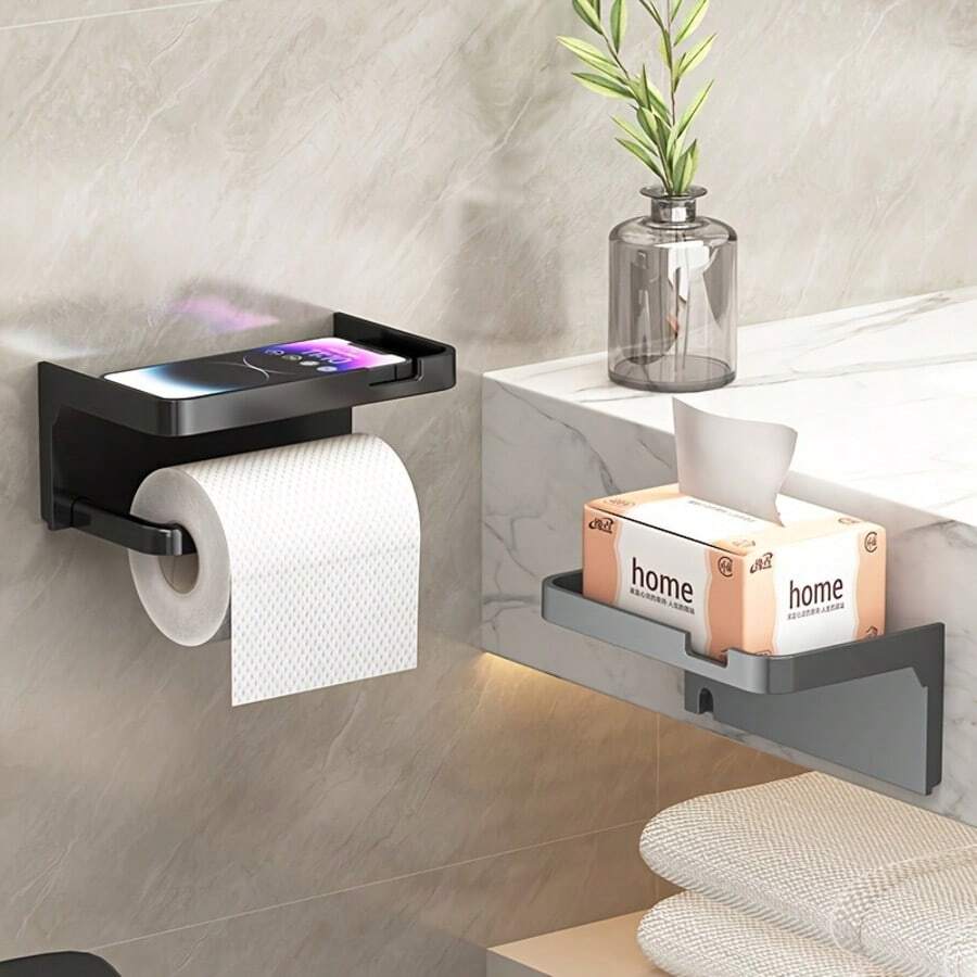 One No-Drill Toilet Paper Holder, Wall-Mounted Drawer Toilet Paper Holder With Phone Holder, Made Of Plastic, A Must-Have For Christmas And Halloween. Bathroom Bathroom Accessories Bathroom Tools