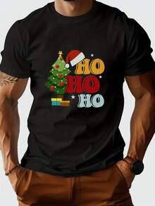 Camiseta de Navidad para hombres 2026 con estampado gráfico de gorro de Santa y árbol, tela transpirable que absorbe la humedad, camiseta de manga corta de cuello redondo para fiestas navideñas, uso durante todo el año y comodidad en todas las estaciones, atuendo festivo casual para adultos - Negro - Ver 1