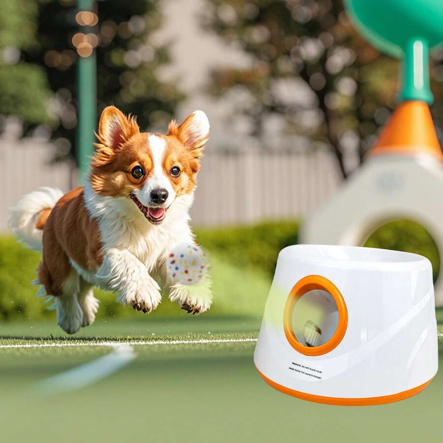 1pc New Pet USB Rechargeable Long Lasting Smart Multi-Distance Ball Launcher Outdoor Elastic Tennis Ball Thrower Dog Toy Automatic Throwing Machine, Perfect Size For Small And Medium Dogs, Comes With 3 Elastic Balls, Must-Have For Dogs And Cats