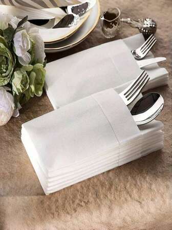25/50/100张白色亚麻纹理一次性餐巾纸套装，带内置餐具袋的白色餐巾纸 - 高吸水性，一次性手巾，优雅的餐桌布置，适用于婚礼、派对、节日和特殊活动，可用作宾客手巾、派对餐具 | 精致的餐桌装饰 | 餐具收纳设计
