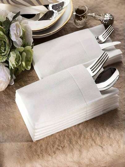 50 Confezione di tovaglioli di carta monouso bianchi simili al lino con tasche incorporate per posate - Elegante apparecchiatura da tavola assorbente per matrimoni, feste, vacanze ed eventi speciali, stoviglie da festa | Decorazione raffinata da tavolo | Design porta posate