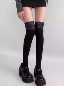 半双装蕾丝拼接甜美竖条纹过膝袜，秋季 - 彩色 - 查看 4