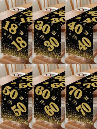 1pc, Happy Birthday Polyester Table Runner, Black Golden 18th/30th/40th/50th/60/70th Tablecloth, Happy Birthday Party Kitchen Dining Room Table Centerpiece Decor Home Decor