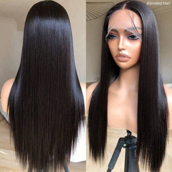 Peruca Frontal de Renda Reta Preta Natural de 34 polegadas com Densidade de 200%, Cabelo Misturado 13x4 HD Transparente de Cor Natural Reta, Perucas Frontais de Renda Reta 4x4 5x5 Usar e Ir Sem Cola, Perucas de Renda Reta Bob Para Uso Diário de Pré-Aparadas Pré-Cortadas Com Cabelo de Bebê e Linha de Cabelo Natural Sem Cola