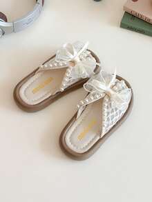 1 Pair Girls' Pearl Bow Lace Breathable Non-Slip Open Toe Flat Sandals, Sweet Princess Style, Suitable For Daily Wear And Parties - Beige - View 5