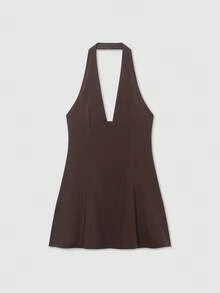 Women's Minimalist Solid Brown Halter Neck Backless Dress Party Summer Elegant - Brown - View 1