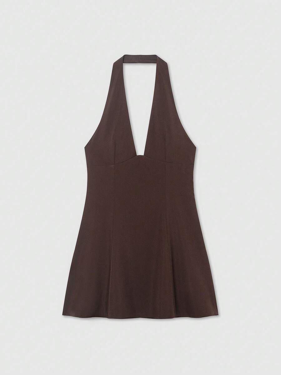 Women's Minimalist Solid Brown Halter Neck Backless Dress Party Summer Elegant - Brown - View 1