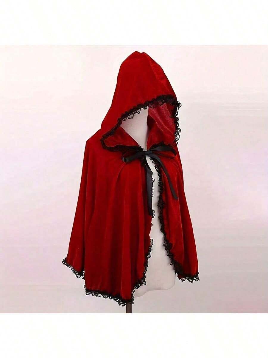 1pc Red Solid Color Short Hooded Cape, Christmas Gift, Red Hood, Little Girl Outfit, Lace Trim Hooded Cape. 1pc Black Solid Color Lace Velvet Shawl, Women Shawl, Elegant Shawl, Suitable For Christmas Costume Party - Multicolor - View 1
