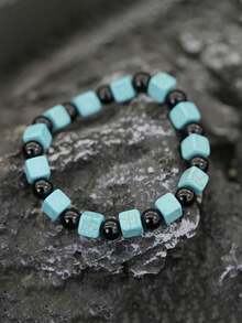 1件手工石手链，8毫米方形绿松石珠，圆形缟玛瑙黑曜石串珠手链，简约风格，适合休闲装扮 - 綠松石色 - 查看 10