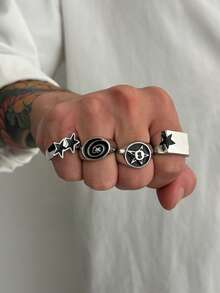 4pcs/Set Casual Minimalist Geometric Liquid Teardrop Metal Ring Set, Fashionable Punk Charm Jewelry For Men - 4-piece Ring Set - View 8