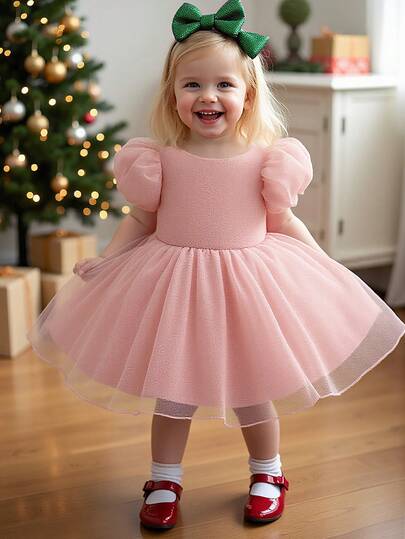 Baby Girls' Round Neck Starry Mesh Back Bow Cute Flower Girl Dress, Suitable For 1st Birthday Party, Wedding, Outing, Does Not Include Headband