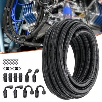 8AN Fuel Line Kit, 6.1 M Fuel Hose Kit, 1.0 Cm Nylon Stainless Steel Braided Fuel Line Oil/Gasl Hose End Fitting Kit, With 12 PCS Swivel Fitting Adapter Kit, Black