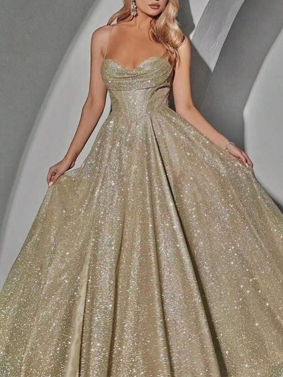 Women's Long Dress Sleeveless Tube Top Sprinkled Gold Sexy Suspender Big Swing Dress - 玫瑰金 - 查看 1