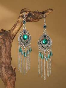 Vintage Fully Rhinestoned Round Resin Crystal Chain Tassel Long Earrings For Women