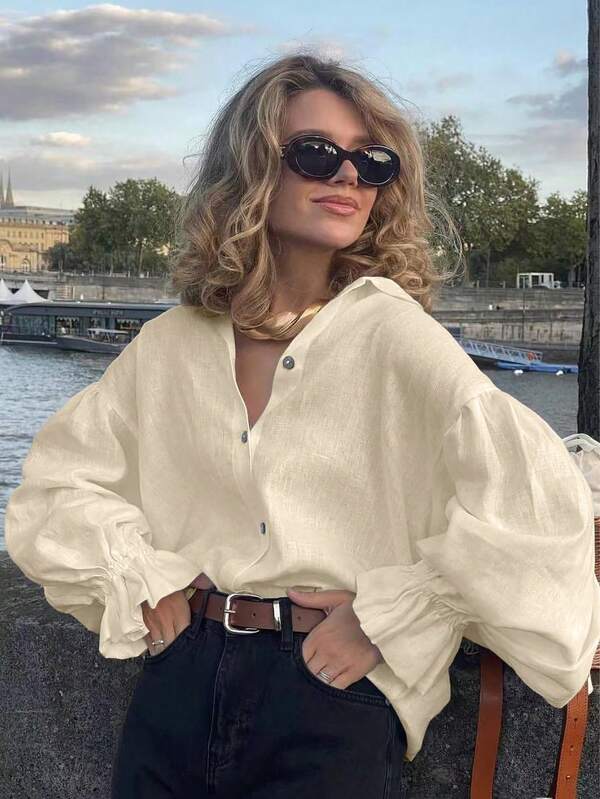 2026 Nuova Elegante Camicetta Casual con Volant e Bottoni Frontali in Albicocca Chiaro, Adatta per Uscite, Appuntamenti, Ritorno a Scuola, Estate, Stile di Strada, Festival Musicali, Laurea, Vacanze al Mare, Abbigliamento da Spiaggia, Feste, Compleanni, Vacanze