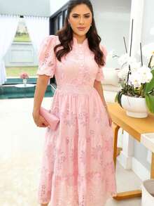 Women's Elegant Floral Embroidered Lace Midi Dress, 100% Cotton, With Puff Sleeves, Front Buttons And Full Skirt - Romantic And Sophisticated Look, Summer 2025 - 淺粉色 - 查看 2