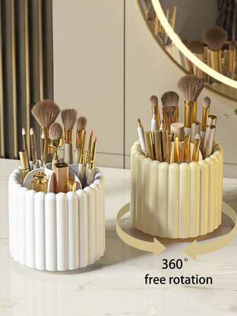 1pc Rotating Makeup Brush Holder & Storage Box, Large Capacity Cosmetic Organizer, Suitable For Vanity Table