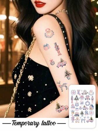 One Pink Temporary Christmas Tattoo Sticker Featuring Gingerbread Men, Christmas Candy, Santa Claus, And Christmas Cars. Suitable For Christmas And Can Last 3-5 Days.