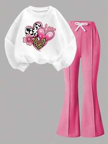 Tween Girls' Heart Print Crew Neck Sweatshirt And Flare Pants Casual Outfit - Hot Pink - View 6