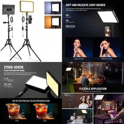 Basics 2 Pack LED Video Light Panel With 59'' 150cm Tripod Stands And Phone Holders 27006500K 850Lux Bi Color Dimmable Studio Lighting For Photography Filming Recording Live Streaming BP300