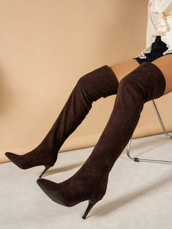 Fall/Winter Women's Brown Closed Toe Slip-On Elastic Ankle Boots, Pointed Toe Stiletto High Heels, Formal Work Boots, Sexy Dress Over-The-Knee Boots
