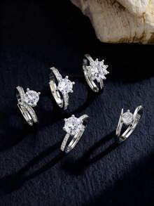 Bộ 5 chiếc/Bộ chất liệu đồng, nhẫn kim cương Moissanite hình vương miện công chúa thanh lịch, thiết kế 6 chấu hình rắn, đơn giản, sang trọng, đa năng, thích hợp cho tiệc tùng, đám cưới, đeo hàng ngày, lễ hội của phụ nữ - Bộ nhẫn - Xem 11