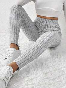 3 Stück Damen Lässig einfarbige gerippte verdrehte Hose mit elastischem Bund