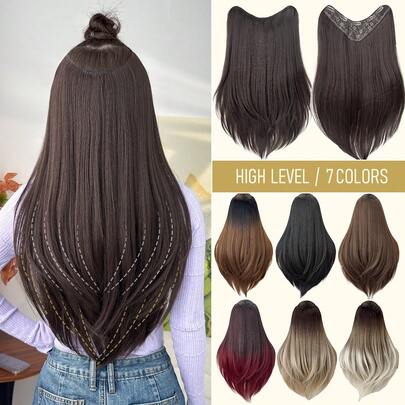 22英寸V型夹式渐变色接发，黑棕色、酒红色、棕色，耐热合成纤维假发，适合女性圣诞节、万圣节派对和日常佩戴。