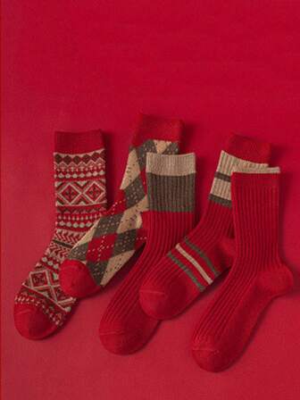 5 Pairs Auspicious New Year Themed Mid-Calf Socks, Versatile For Winter