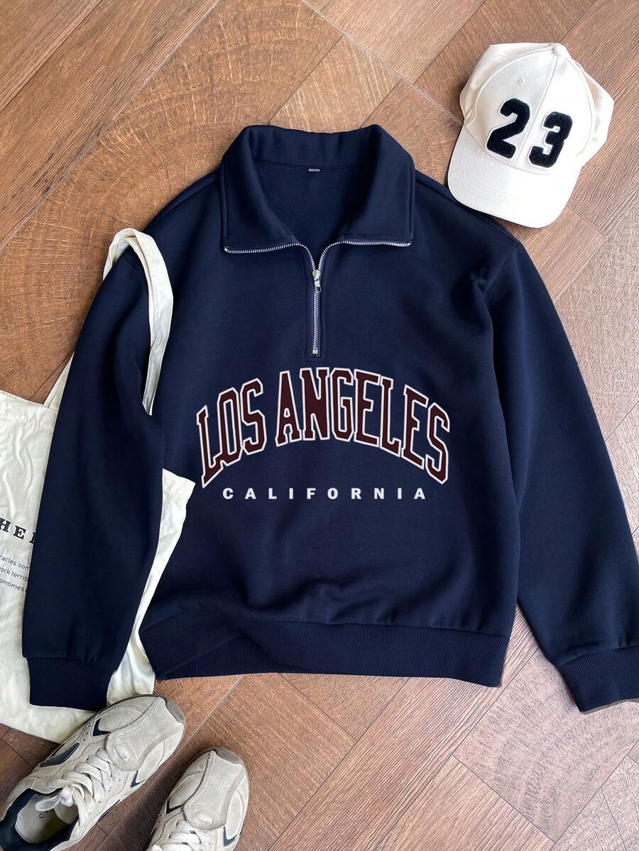 Women's Autumn/Winter New Simple INS Striking Color Letter Print Casual Half-Turtleneck Zipper Long Sleeve Fashionable Versatile Sweatshirt