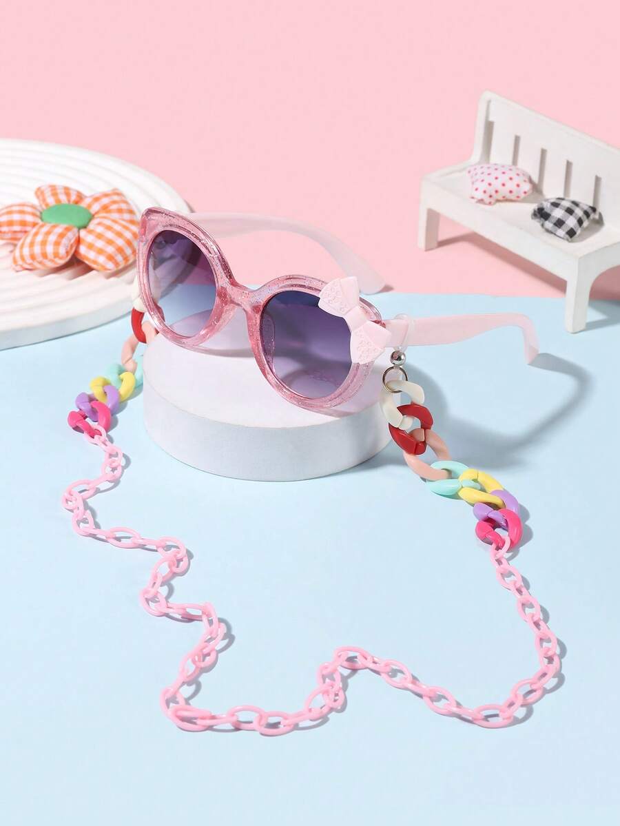1 Set 1 PC Girl 4-8Y Cute Bow Cat-Eye Frame Fashionable Pink Glasses And 1 PC Bohemian Ring Buckle Eyeglass Chain, Suitable For Daily Outfit Matching, Ideal As A Holiday Gift - Multicolor - View 1