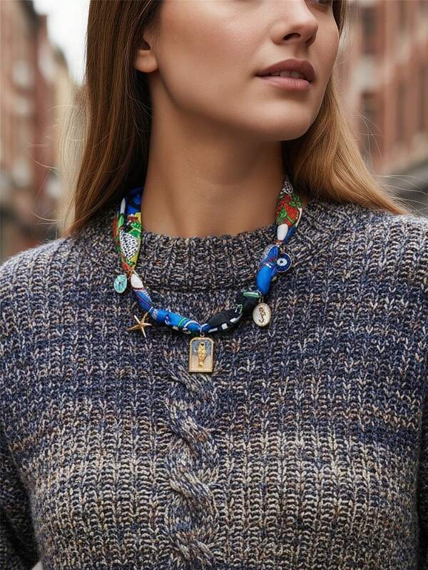 1pc Bohemian Style Colorful Scarf Choker Necklace, Fruit, Fish, Cherry,Sunflower Multi Steel Charms Necklace, Exaggerated Personalized Jewelry, Fashion Casual Holiday Accessory For Women, Gift For BFF