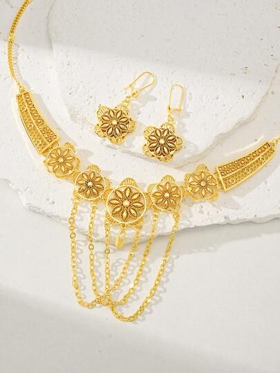 Vintage Luxury Gold Tassel Necklace And Earrings Jewelry Set For Women