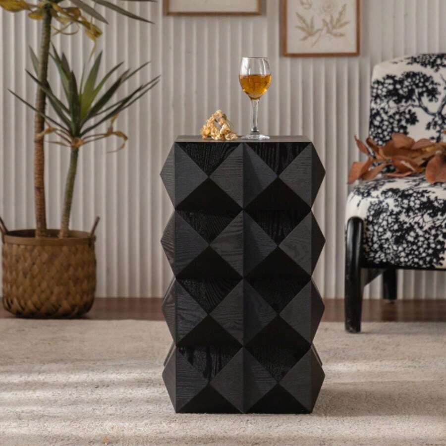 60 Cm High Retro-Style Side Table With Three-Dimensional Embossed Pattern, Black, Made Of Wood, No Assembly Required
