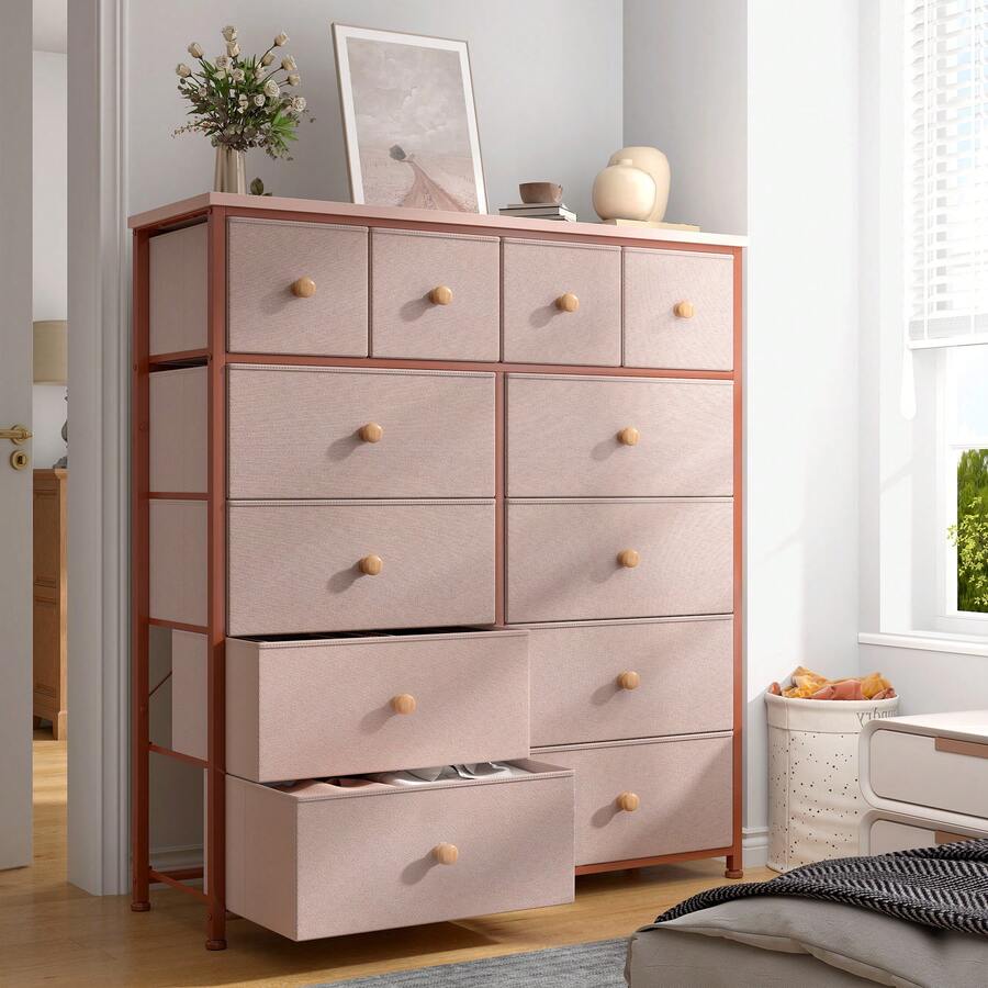 EnHomee Dresser For Bedroom With 12 Fabric Drawers, Tall Dresser With Wooden Top & Metal Frame, Bedroom Dresser, Dressers & Chests Of Drawers, Room Decor, Home Deco, Festival Decor, Pink - Hồng - Xem 1