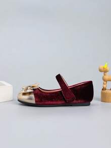 Girls' Colorblock Velvet Bow Flat Outdoor Shoes, Autumn/Winter - Burgundy - View 6
