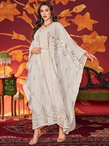 女士圆领手工串珠刺绣花瓣袖两件套阿拉伯风格连衣裙 - 米色 - 查看 4