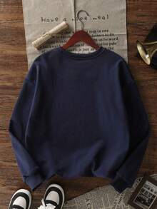 Tween Boy "Football" Print Warm Comfortable Crew Neck Sweatshirt, Suitable For Boys, One-Piece Autumn Top, Young Student Clothing - Navy Blue - View 3