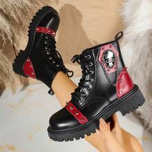 Women's Ankle Boots, Solid Color Basic Style, Side Zipper, School Style, Outdoor, Office, Halloween, Christmas, Party, Wedding, Holiday, Winter, Thick Sole, Lace-Up, Comfortable, Back To School, Motorcycle Style, Boots, Minimalist, Glossy Black, Fashion Short Boots - Red - View 17