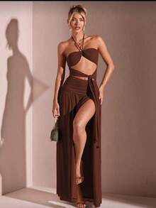 New Women's Long Dress With A Leg Slit, Built-In Bra, Tie At The Neck, Double Neckline In The Front, Smooth Suplex Fabric, On , Basic, Chic, Elegant, Everyday, Fashion, Parties, 2025, Sophisticated, . - 鏽棕色 - 查看 1