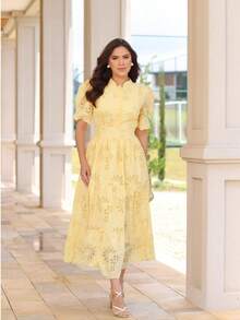 Women's Elegant Floral Embroidered Lace Midi Dress, 100% Cotton, With Puff Sleeves, Front Buttons And Full Skirt - Romantic And Sophisticated Look, Summer 2025 - 黃色 - 查看 5