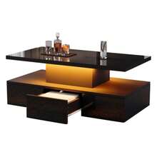 Two-Tier Coffee Table For Living Room With 16-Color LED Light, High-Gloss Living Room Table, Sofa Table With Open Display Shelf And 1 Sliding Drawer, Small Rectangular Coffee Table, Black - Black - View 9