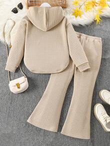 Tween Girl 2-Piece Casual Fashion Street Style Girls' Clothing Set, Knitted Long-Sleeved Hoodie And Flared Pants, Solid Color, Suitable For Home And Outdoor Casual Wear.