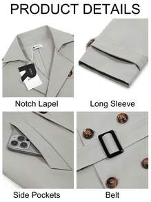 Runcati Men's Double Breasted Trench Coat Notched Lapel Belted Windbreaker Casual Slim Fit Long Overcoat - 深灰色 - 查看 5