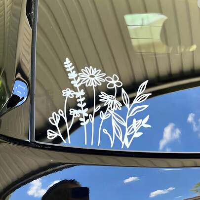 1pc Wild Flowers Car Decal Stickers, Plastic Material, Glossy Finish, Durable Adhesive For Windows Laptop Luggage Auto Accessories Ideal For Women