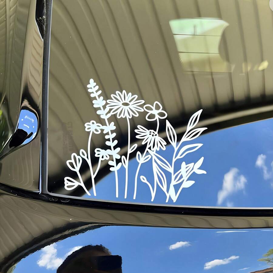 1pc Wild Flowers Car Decal Stickers, Plastic Material, Glossy Finish, Durable Adhesive For Windows Laptop Luggage Auto Accessories Ideal For Women - A - View 1