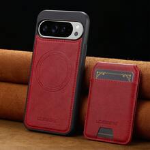 可拆卸磁吸无线充电仿皮手机壳，兼容 17 Air 16e 15 14 13 Pro Max S26 S25 Edge S24 Ultra Plus A37 A57 Pixel 10 9 8 7，带卡槽，3 个卡位，防盗卡袋 - 紅色 - 查看 19